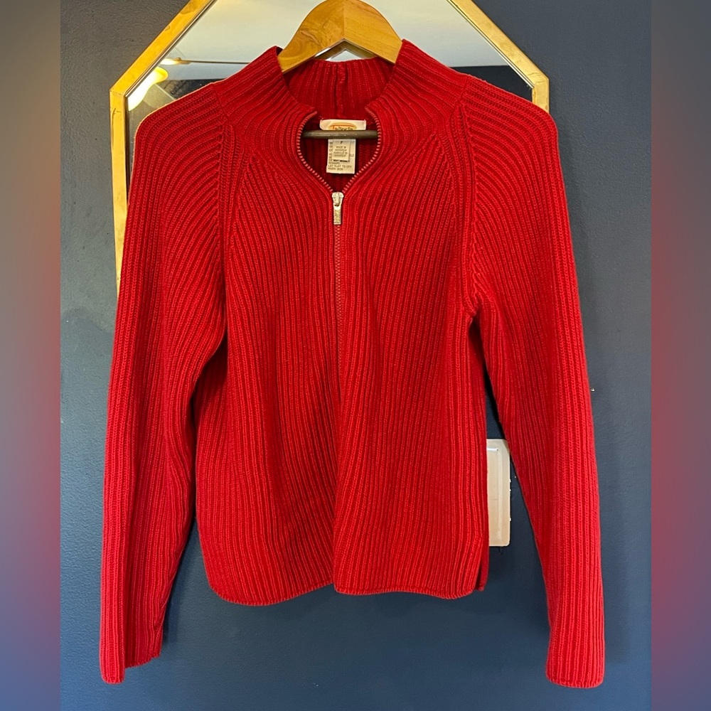 Talbots Petite Red Ribbed Zip-up Sweater